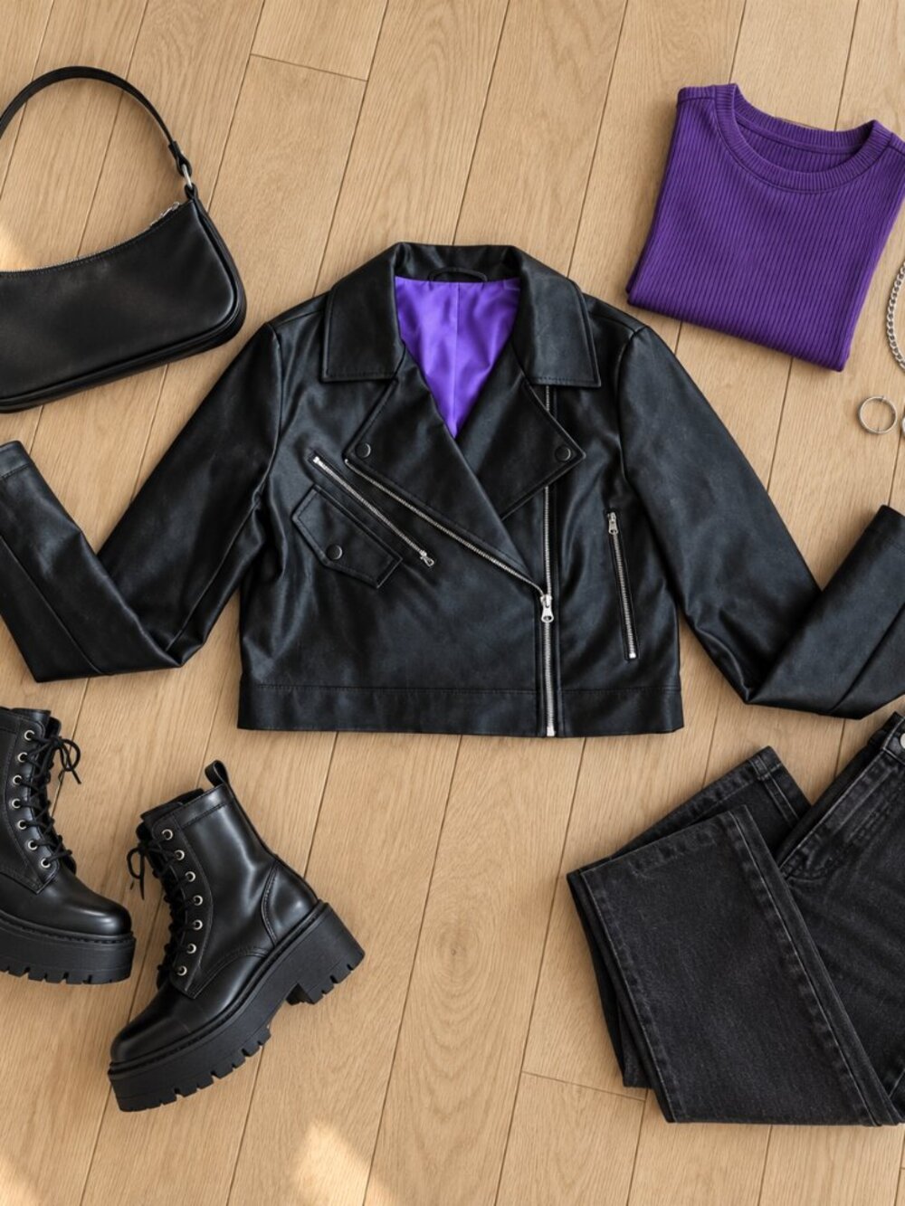 ✨Collusion Black Cropped Faux Leather Moto Jacket Vibrant Purple Lining US 0✨